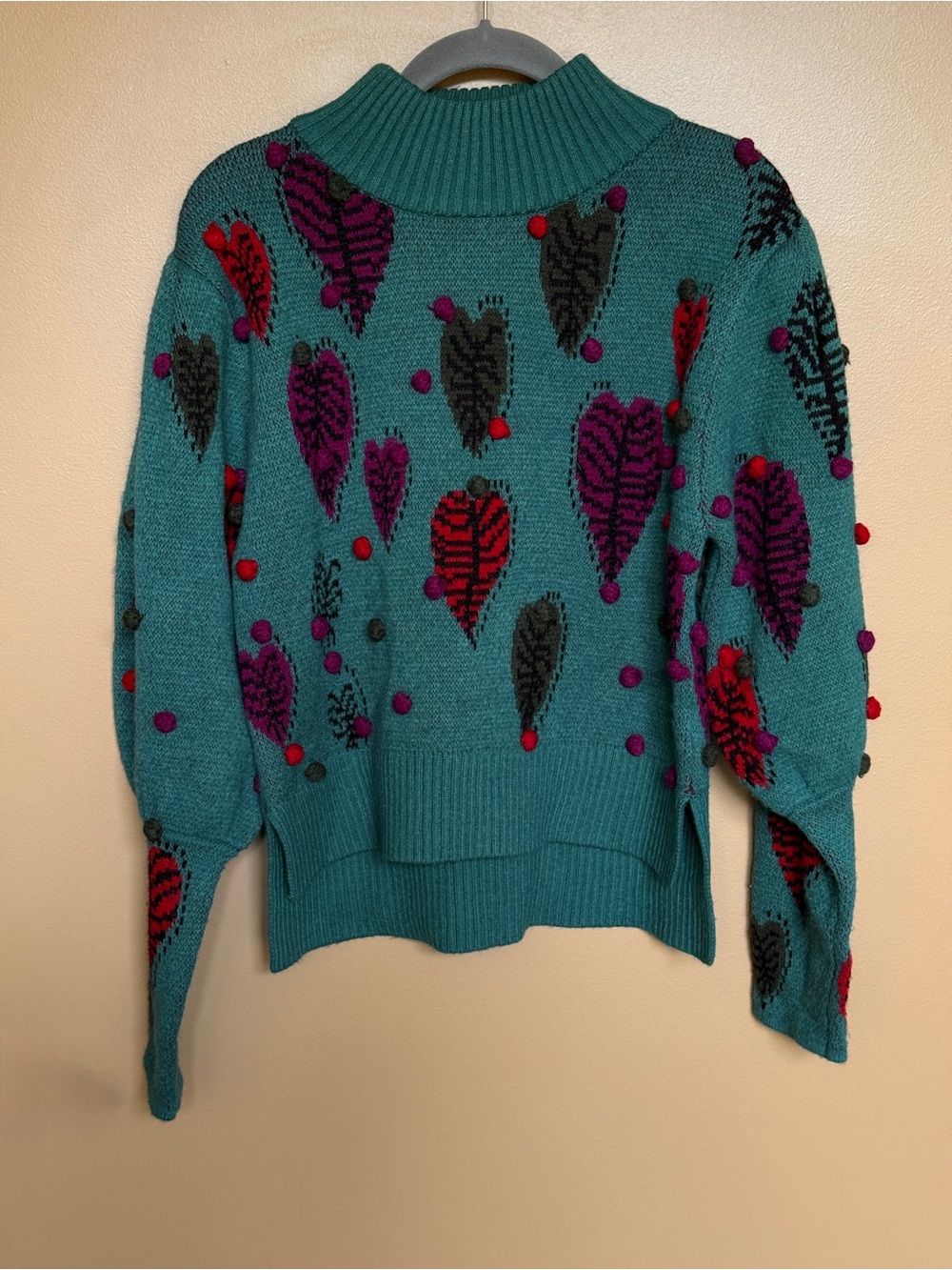 FARM Rio Teal Heart Pom-Pom Turtleneck Sweater